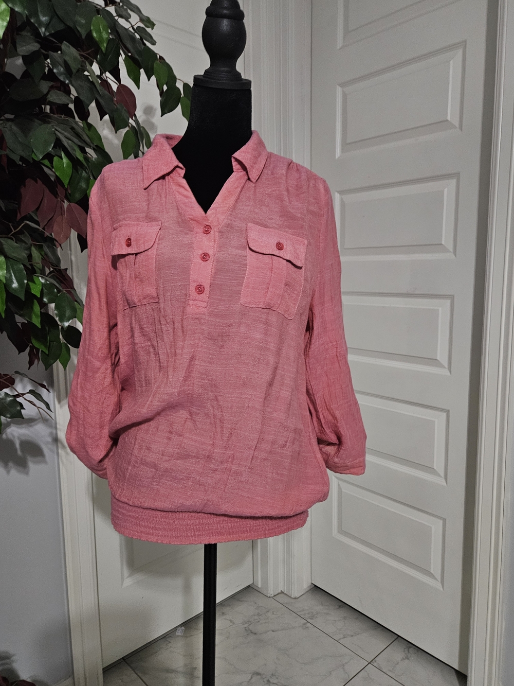 Papaya Pink Button-Front Collared Blouse